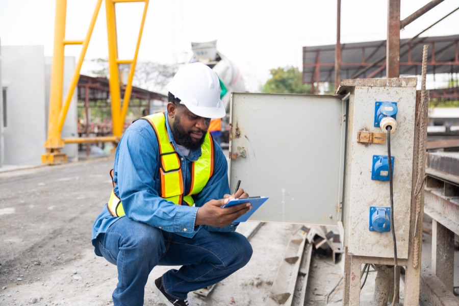 Engineer in a hard hat writing on a clipboard by an open panel